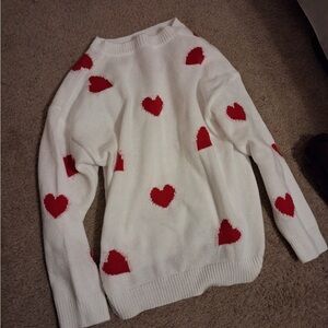 Heart Patterned White and Red Sweater
